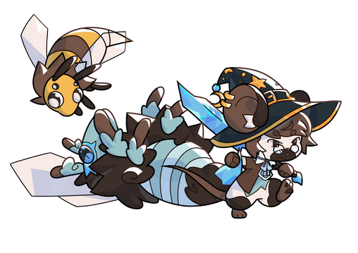 A digital illustration of a mouse from the video game Transformice Adventures, wearing a wizard hat and wielding a sword. He is reluctantly dragging a dead, blue, bee-like boss named Coldsting while his smaller bee pet follows.