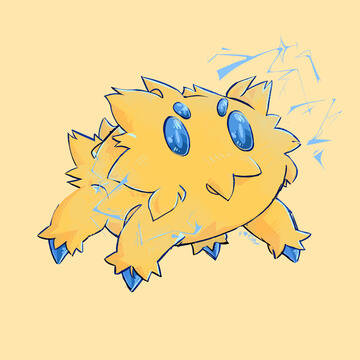 A digital illustration of the pokemon Joltik with blue sparks surrounding it.